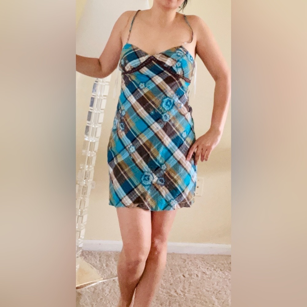 Strap back, mini cotton dress in blue and brown size M